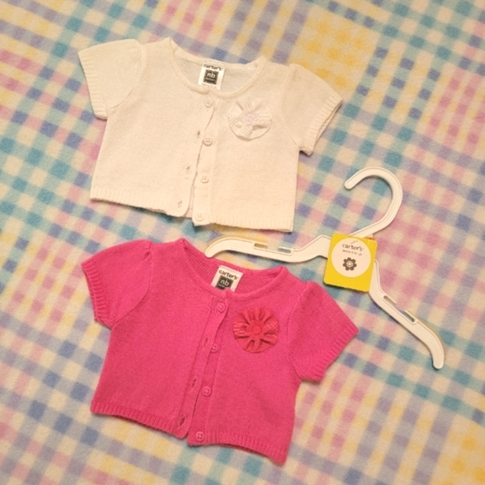 CARTER'S ♡ Sweet Pink | White Short Sleeve Floral Button Up Cardigan Sweater NB